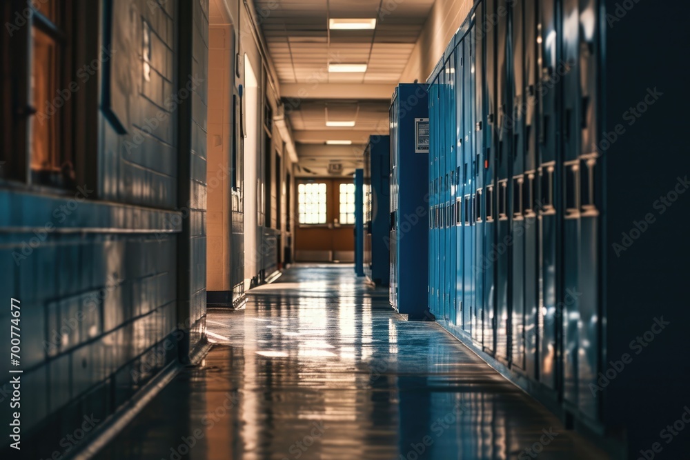 Blue Metal Locker in High School Hallway: A Symbol of Security and Storage