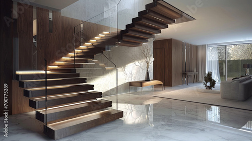 A grand wooden Neon staircase with a striking contrast of dark walnut steps and light oak landings  clear glass railings  and elegant LED lighting.
