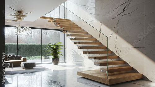 A light oak staircase with floating steps and glass sides, offering a minimalist yet striking feature in a sophisticated home. photo