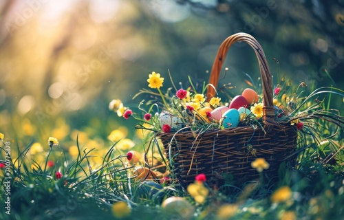 easter basket fill with colorful eggs in a field of yellow flowers