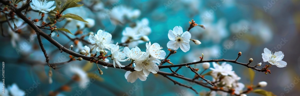 flower branches with blue background with white flowers