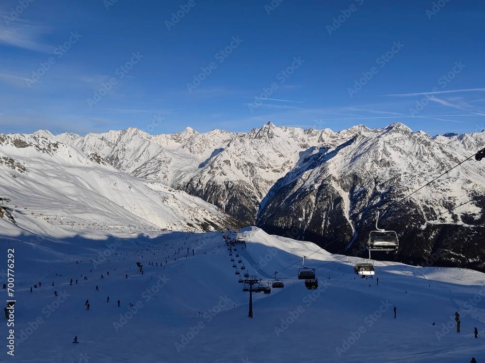 Ski slopes and chairlift in the Tiroler Alps in the Soellden ski area. Austria.

