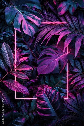 neon square frame background in tropical leaves
