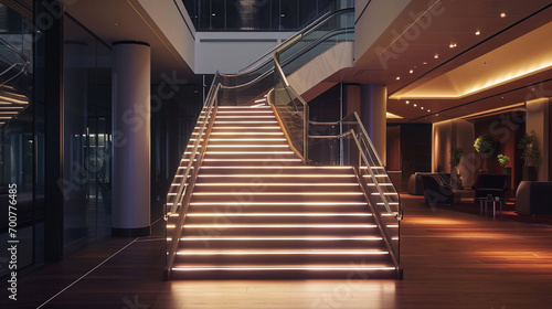 A luxurious Neon staircase blending dark cherry wood with light beech accents  glass balustrades  and elegant LED strip lighting under the handrails.