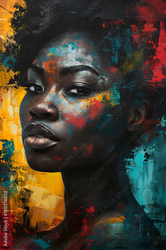 Here is the phrase, black female portrait with abstract black history month colors of red, green, and yellow,
