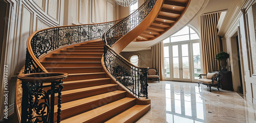 A luxurious staircase with polished light wood and elegant iron balusters, serving as a centerpiece in a high-end home.