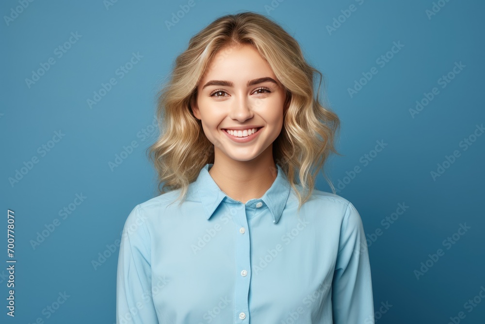 Cute woman with perfect smile on blue background Cute woman with perfect smile on blue background