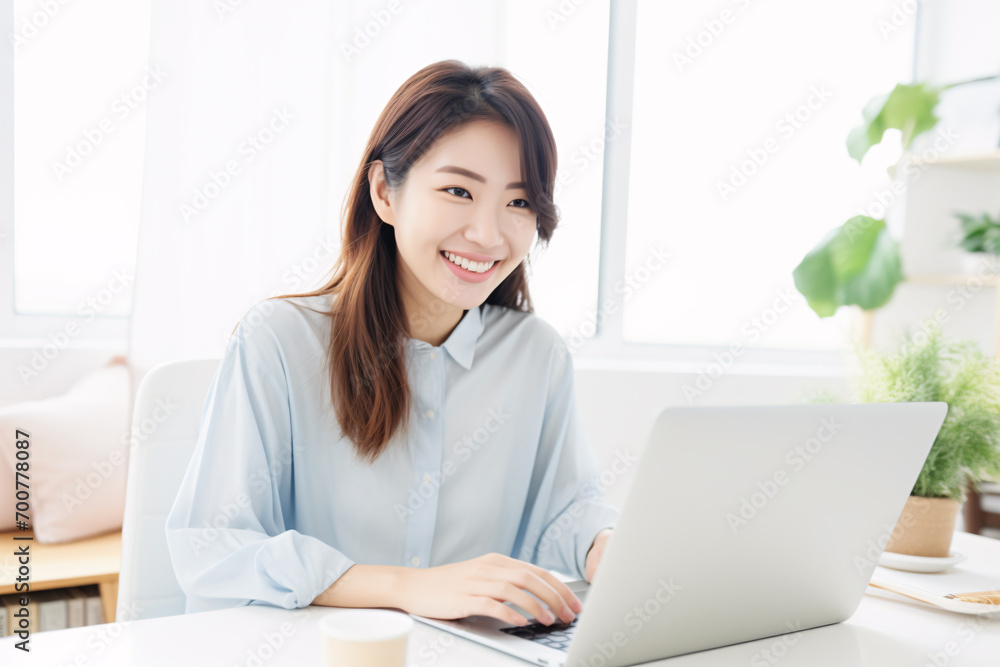 smiling businesswoman using laptop at workplace in office, side view smiling businesswoman using laptop at workplace in office, side view