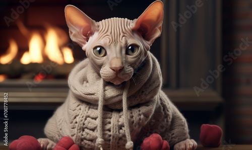 cute sphynx cat in winter hoodie