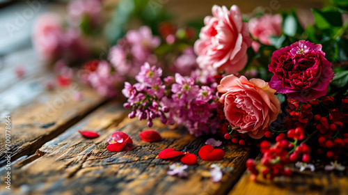 Gorgeous spring flowers on an old wooden table, gifts for Valentine's Day and International Women's Day, poster idea