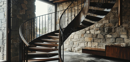 A minimalist spiral staircase with dark wooden steps and understated iron handrails, in a modern, open-plan space. photo