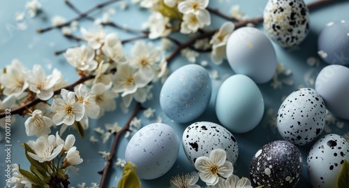 pastel bluecolored easter eggs and flowers on the background photo