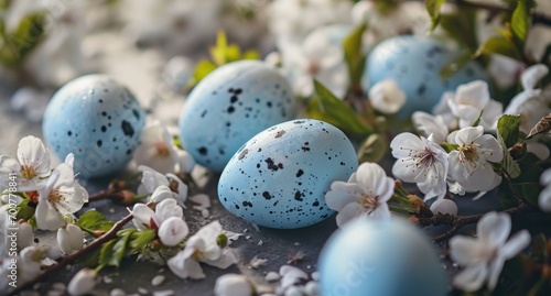 pastel bluecolored easter eggs and flowers on the background photo