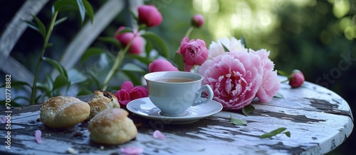 pink peonies, cup of tea and buns on the outside table