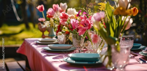 pink table cloths with tulips are on a table outside in sunlight