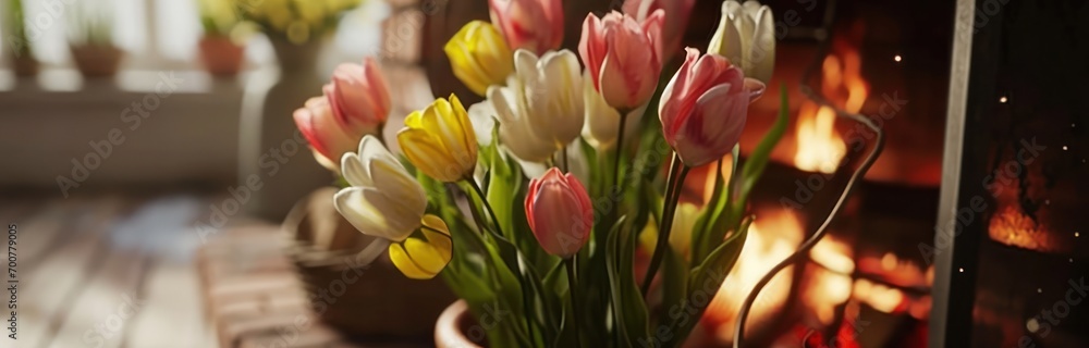 pink, yellow and white tulips are sitting next to the fireplace pink, yellow and white tulips are sitting next to the fireplace