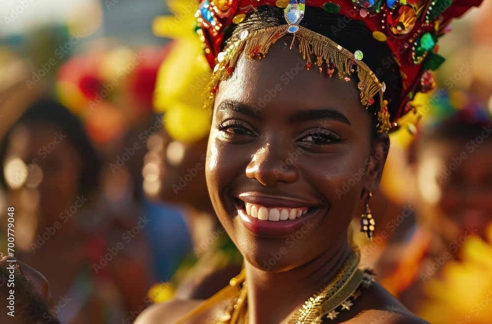 portrait of beautiful woman smiling at camera on carnival day samba event