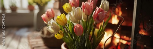 pink, yellow and white tulips are sitting next to the fireplace