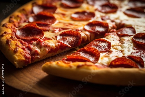 Detailed view of pepperoni pizza.