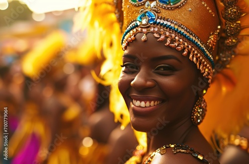 portrait of beautiful woman smiling at camera on carnival day samba event