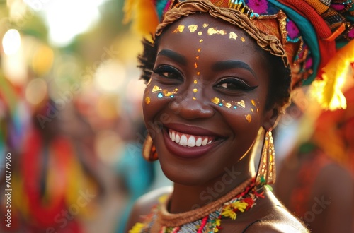 portrait of beautiful woman smiling at camera on carnival day samba event photo