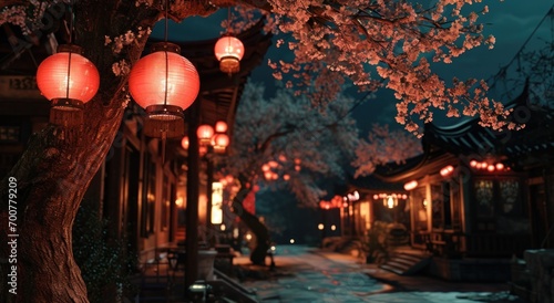 red lantern hanging from the street at night