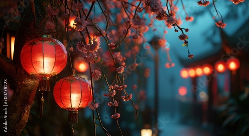 red lantern hanging from the street at night