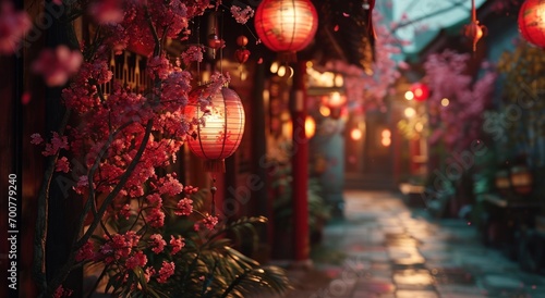 red lantern hanging from the street at night
