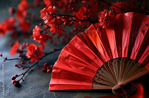 red paper fan with red blooms, easter