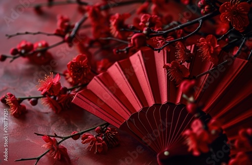 red paper fan with red blooms, easter