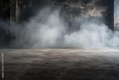 Gray textured concrete platform, podium with smoke