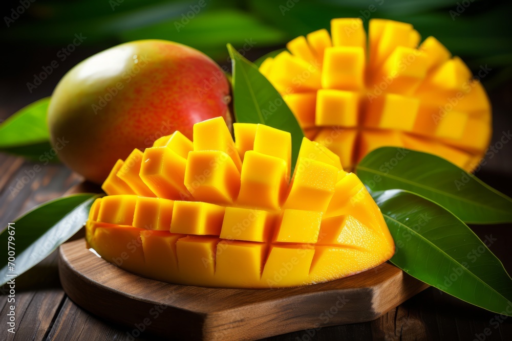 An enticing image of a juicy, freshly cut mango, its radiant flesh sparkling in the light, surrounded by lush leaves and presented on a rustic wooden background