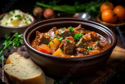 Nutritious and hearty Irish stew, showcasing chunks of lamb, carrots, and potatoes, perfectly paired with fresh bread