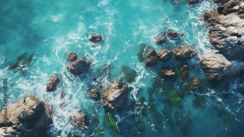 Aerial view of the ocean rocky shore, nature holiday template banner, sea shore, coastline