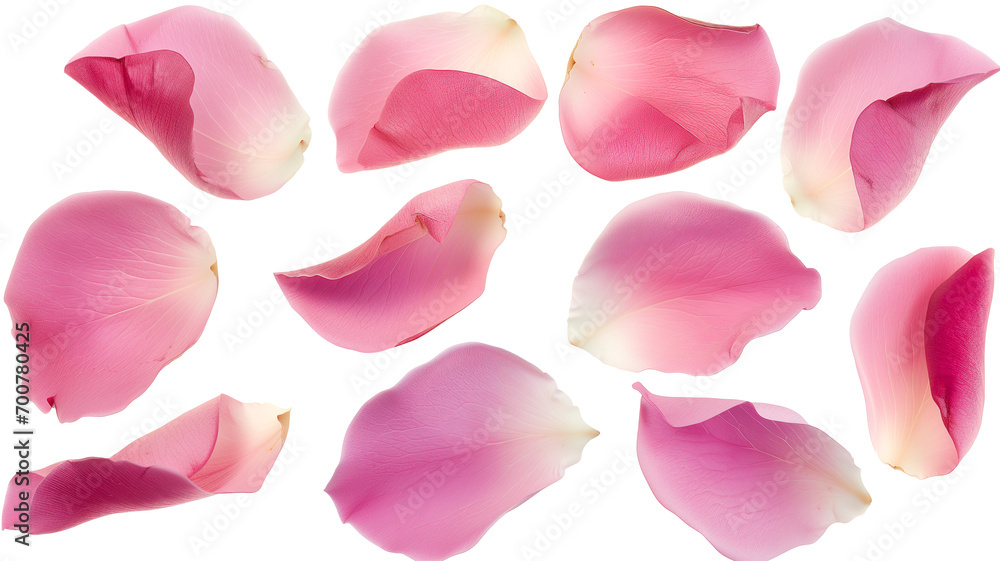 Set of pink rose flowers petals isolated on transparent background.