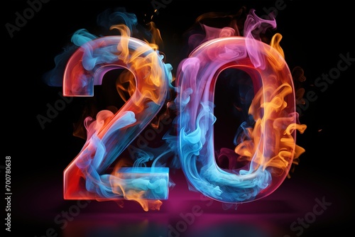 Colorful number twenty with vibrant smoke on black background. Symbol 20. Invitation for a twentieth birthday party or business anniversary. Neon light and colors