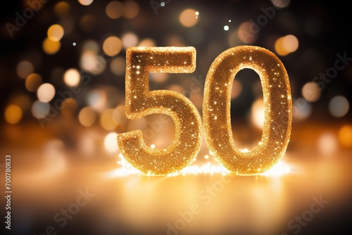 Golden sparkling number fifty on dark background with bokeh lights. Symbol 50. Invitation for a fiftieth birthday party or business anniversary.