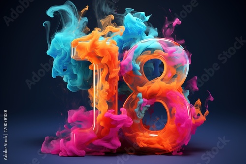 Colorful number eighteen with vibrant smoke on black background. Symbol 18. Invitation for a eighteenth birthday party or business anniversary. Neon light and colors. photo