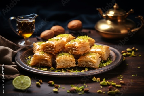 A serving of crispy, sweet baklava pastries, garnished with honey and pistachios, on a rustic wooden backdrop photo
