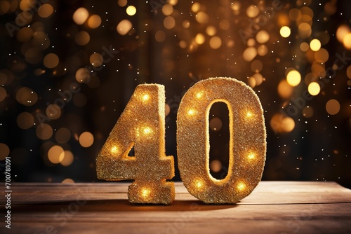 Golden sparkling number forty on dark background with bokeh lights. Symbol 40. Invitation for a fortieth birthday party or business anniversary. photo