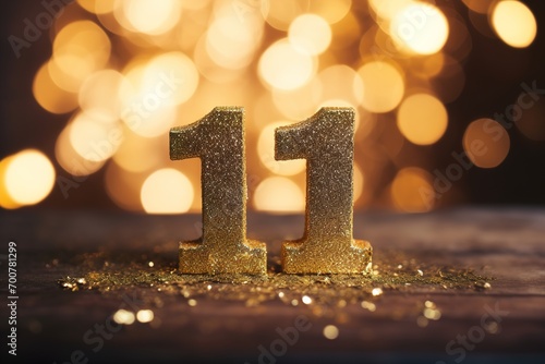 Golden sparkling number eleven on dark background with bokeh lights. Symbol 11. Invitation for a eleventh birthday party or business anniversary. photo