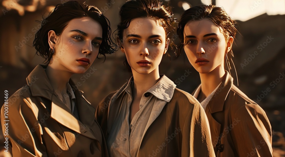 three females with brown suits look at the camera, three females with brown suits look at the camera,
