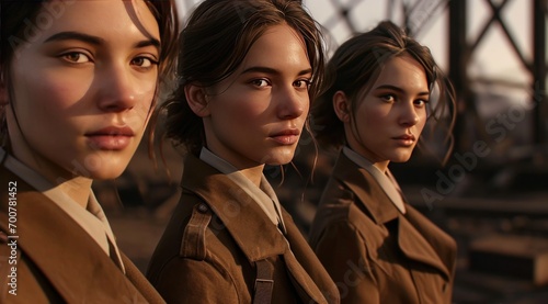 three females with brown suits look at the camera, photo