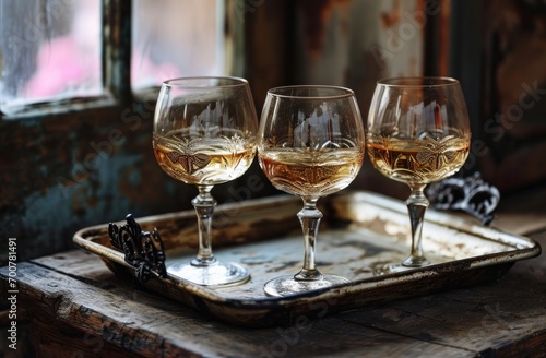 three french white wine glasses with two wrought iron finials on an antique t...