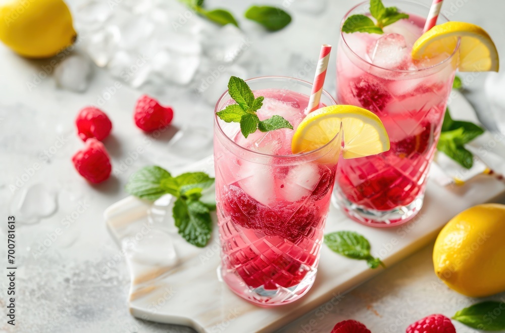 two glasses with raspberry lemonade with garnishes, ready-made two glasses with raspberry lemonade with garnishes, ready-made