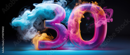 Colorful number thirty with vibrant smoke on black background. Symbol 30. Invitation for a thirtieth birthday party or business anniversary. Neon light and colors. photo