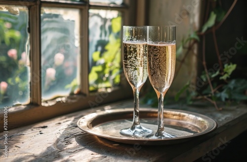 two glasses of champagne on tray by window in france wine