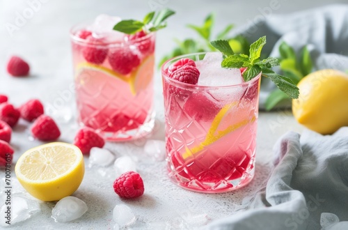 two glasses with raspberry lemonade with garnishes, ready-made