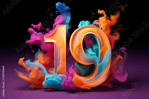 Colorful number nineteen with vibrant smoke on black background. Symbol 19. Invitation for a nineteenth birthday party or business anniversary. Neon light and colors. photo