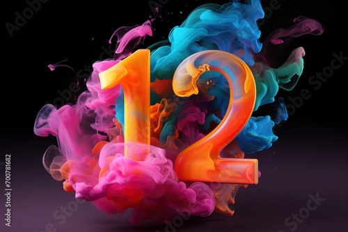 Colorful number twelve with vibrant smoke on black background. Symbol 12. Invitation for a twelfth birthday party or business anniversary. Neon light and colors. photo